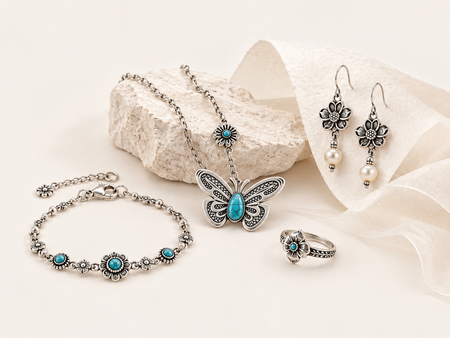 Oxidized silver accessories arranged with turquoise and pearls on cream fabric